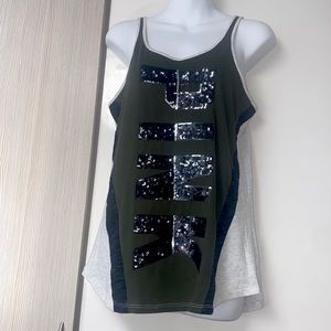 Pink VS gunmetal sequins maxi logo olive tank top